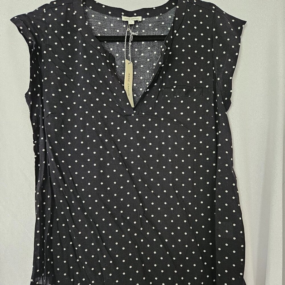 Anne Carson Size XL Black Polka Dot V-Neck Short Sleeve Blouse NWT